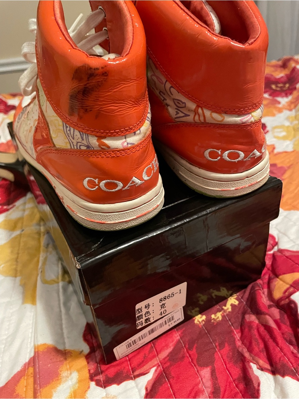 Coach Orange and White High-Top Sneakers with Patterned Panels